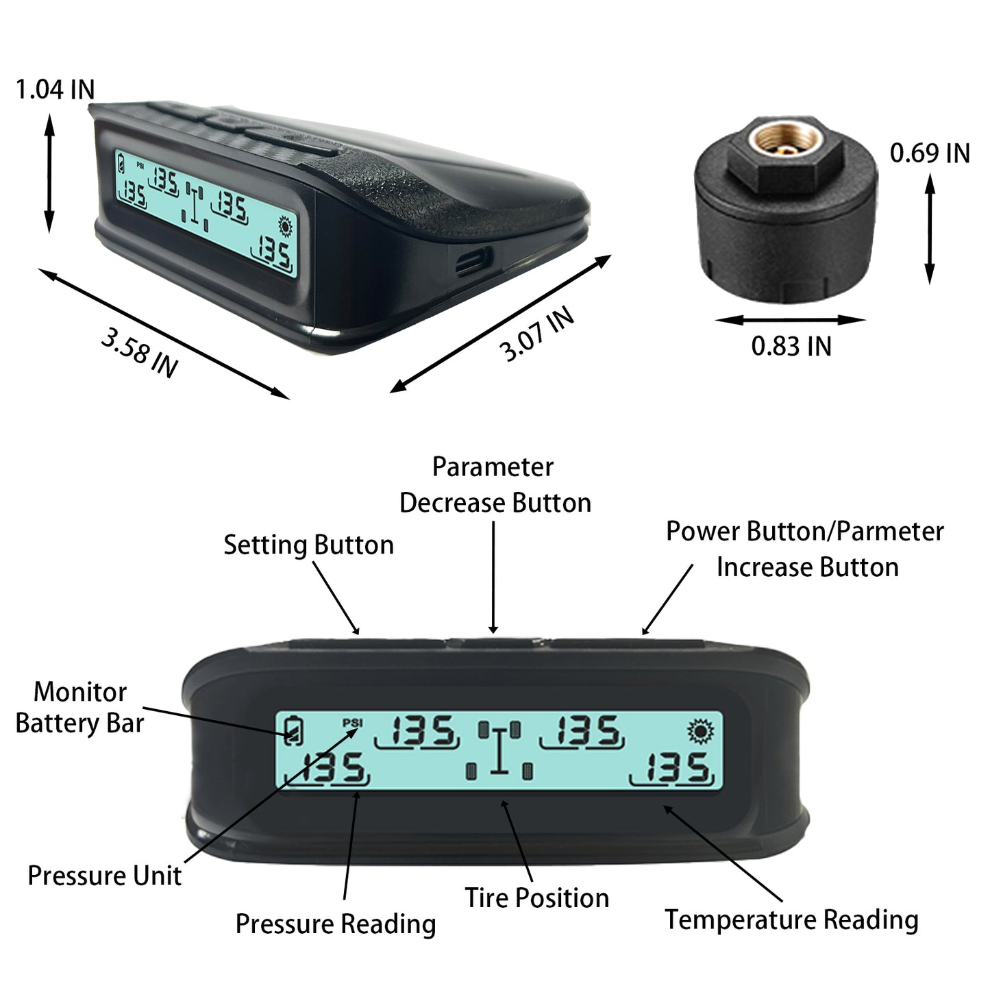 RV Tire Pressure Monitoring System, (0-199PSI) TB4 Black Trailer TPMS