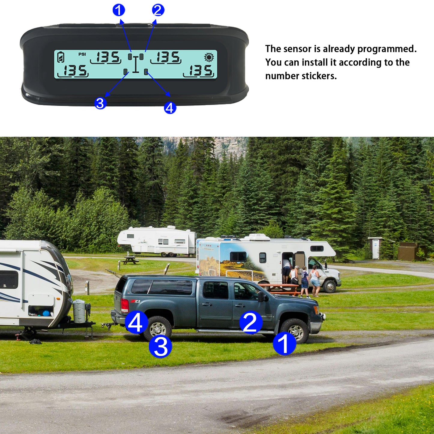 RV Tire Pressure Monitoring System, (0-199PSI) TB4 Black Trailer TPMS