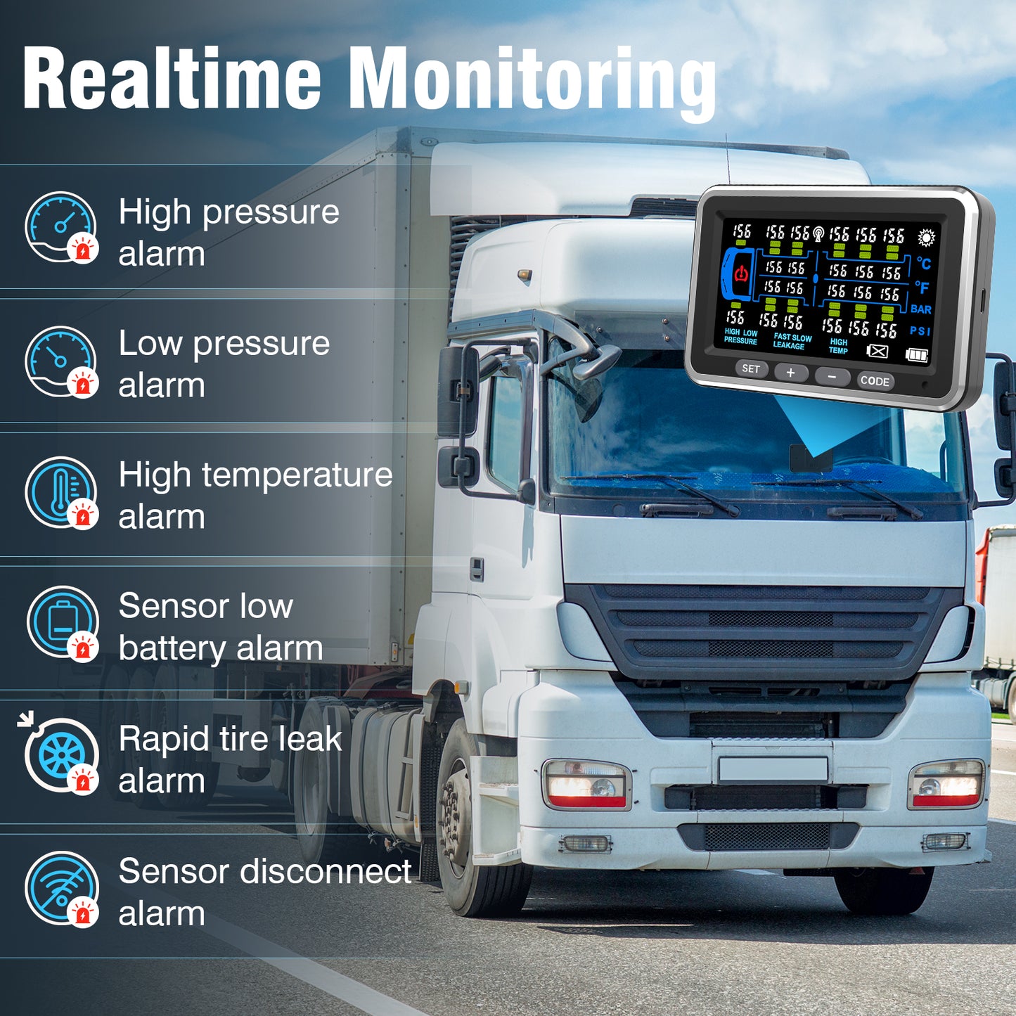 Tyona High-Precision Truck tire Pressure Monitoring System (0-199PSI) TP22 Trailer/RV TPMS with 10 Sensors, Color Display 6 Alert Modes,with Signal Booster Long Distance tpms for Truck (10 Sensors)