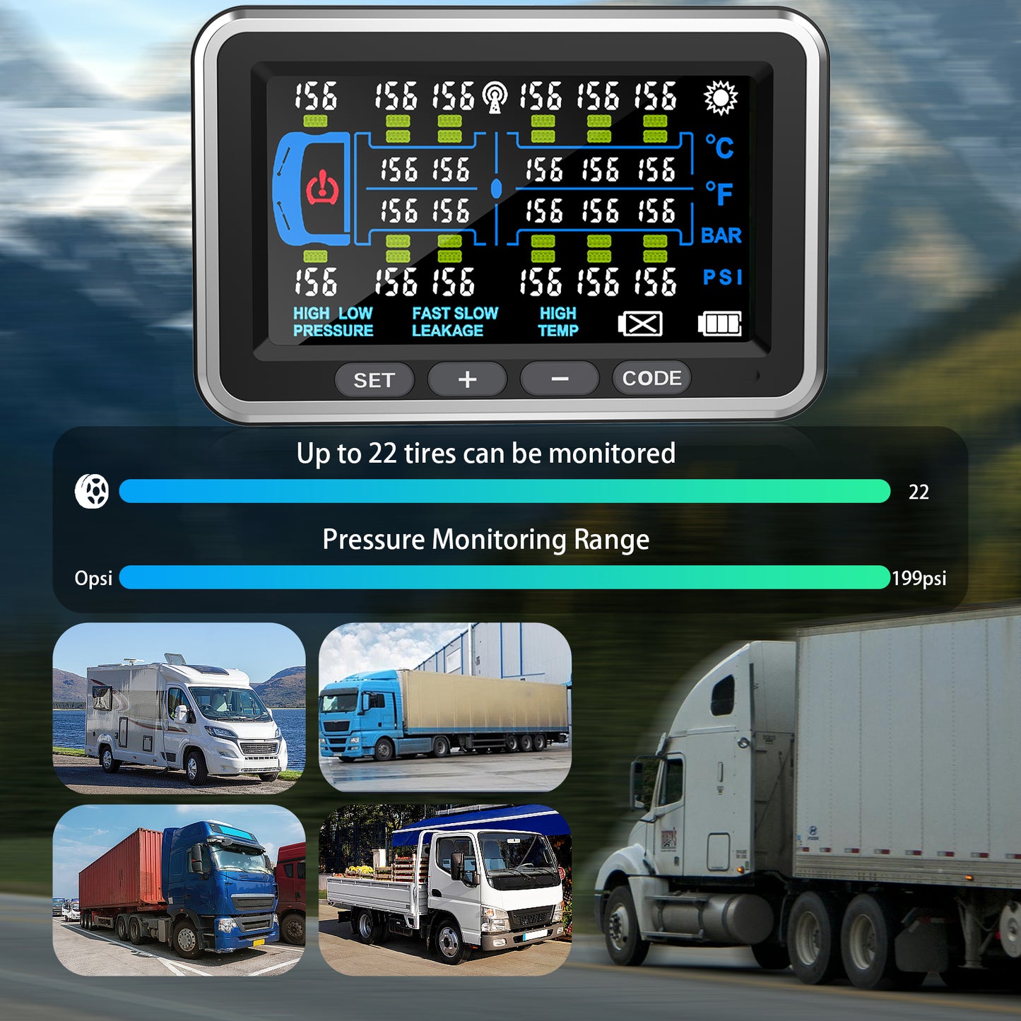 Tyona High-Precision Truck tire Pressure Monitoring System (0-199PSI) TP22 Trailer/RV TPMS with 10 Sensors, Color Display 6 Alert Modes,with Signal Booster Long Distance tpms for Truck (10 Sensors)