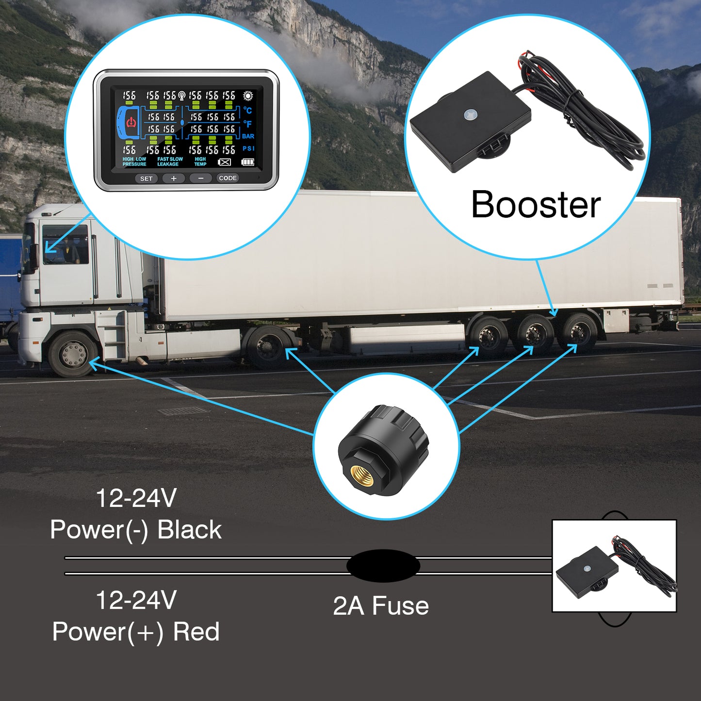 Tyona High-Precision Truck tire Pressure Monitoring System (0-199PSI) TP22 Trailer/RV TPMS with 10 Sensors, Color Display 6 Alert Modes,with Signal Booster Long Distance tpms for Truck (10 Sensors)