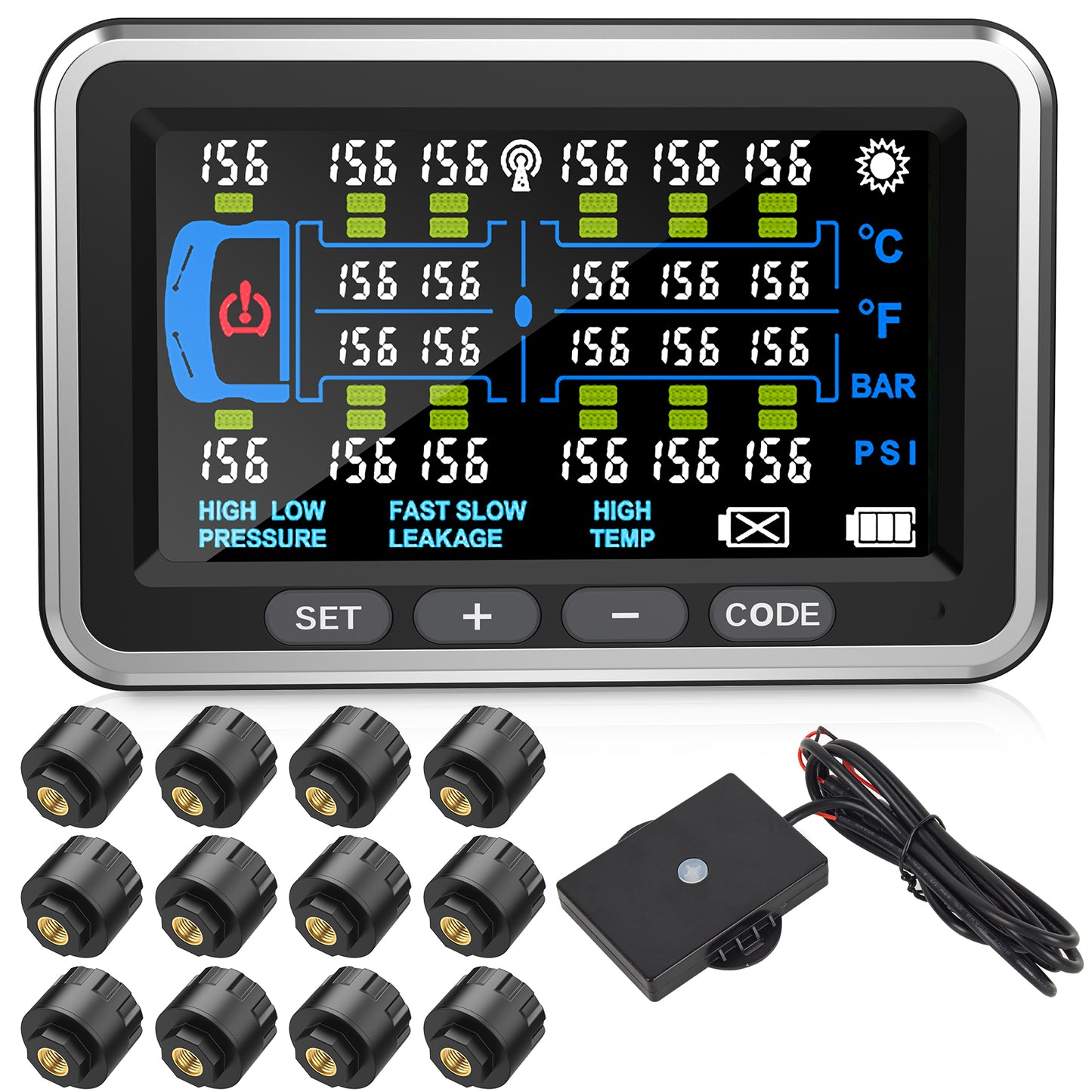 Tyona High-Precision Truck tire Pressure Monitoring System (0-199PSI) TP22 Trailer/RV TPMS with 10 Sensors, Color Display 6 Alert Modes,with Signal Booster Long Distance tpms for Truck (10 Sensors)