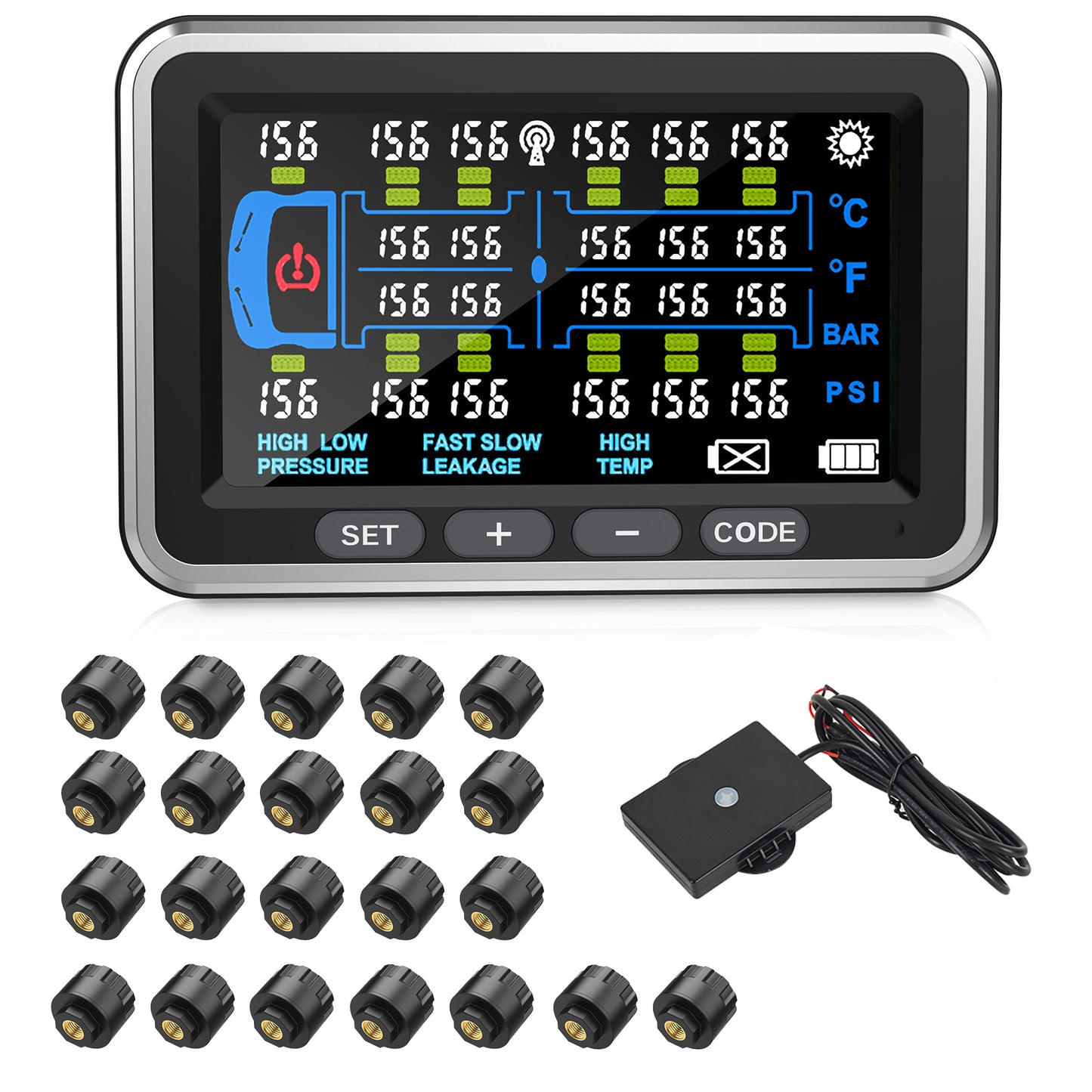 Tyona High-Precision Truck tire Pressure Monitoring System (0-199PSI) TP22 Trailer/RV TPMS with 10 Sensors, Color Display 6 Alert Modes,with Signal Booster Long Distance tpms for Truck (10 Sensors)