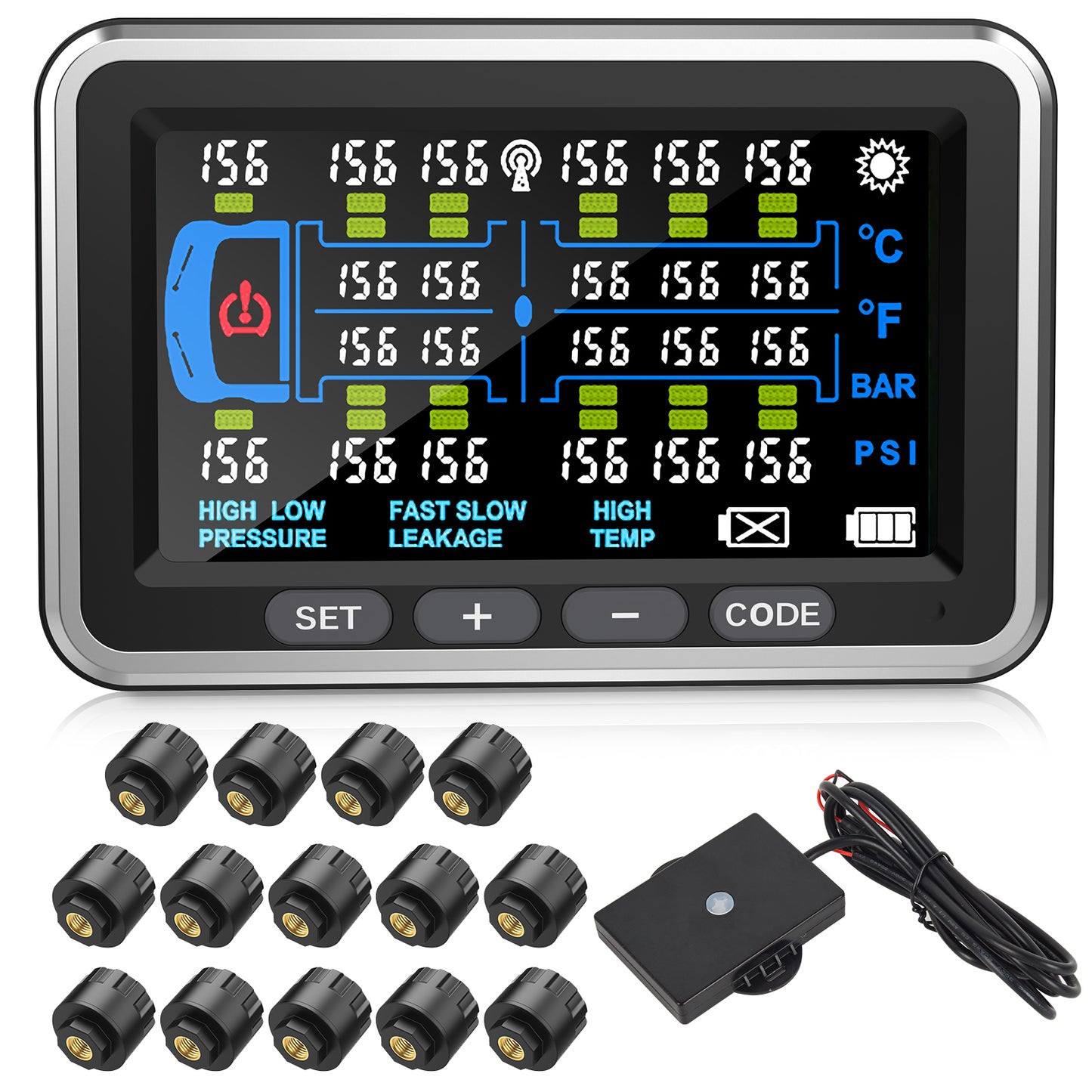Tyona High-Precision Truck tire Pressure Monitoring System (0-199PSI) TP22 Trailer/RV TPMS with 10 Sensors, Color Display 6 Alert Modes,with Signal Booster Long Distance tpms for Truck (10 Sensors)