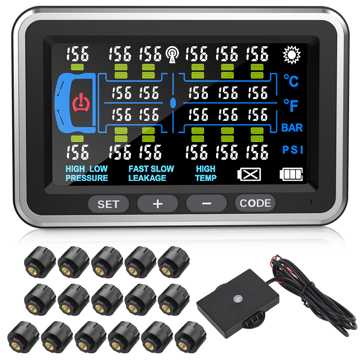 Tyona High-Precision Truck tire Pressure Monitoring System (0-199PSI) TP22 Trailer/RV TPMS with 10 Sensors, Color Display 6 Alert Modes,with Signal Booster Long Distance tpms for Truck (10 Sensors)