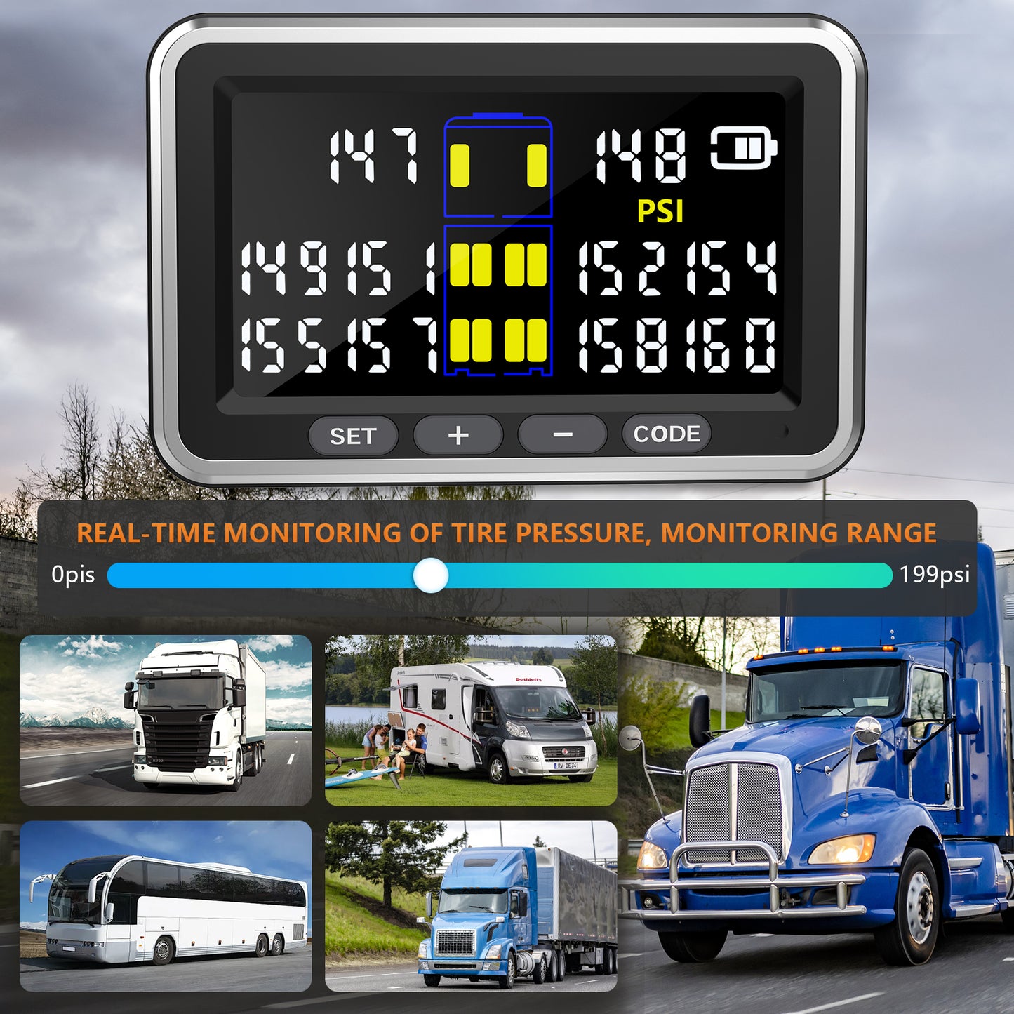 Truck/RV Tire Pressure Monitoring System, (0-199PSI) TS10 Trailer High Pressure TPMS