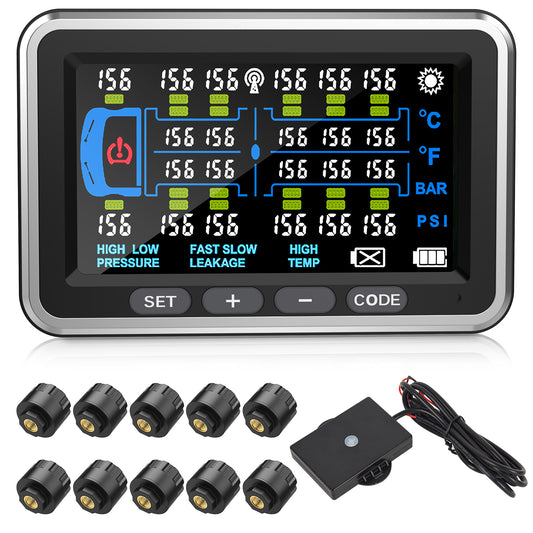 Tyona High-Precision Truck tire Pressure Monitoring System (0-199PSI) TP22 Trailer/RV TPMS with 10 Sensors, Color Display 6 Alert Modes,with Signal Booster Long Distance tpms for Truck (10 Sensors)