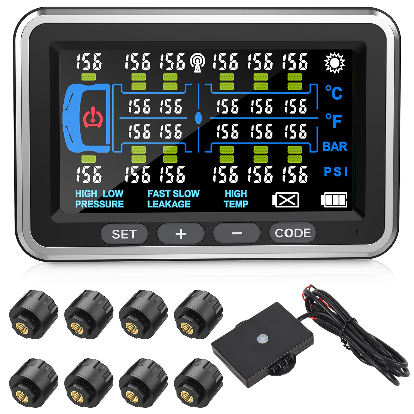Tyona High-Precision Truck tire Pressure Monitoring System (0-199PSI) TP22 Trailer/RV TPMS with 10 Sensors, Color Display 6 Alert Modes,with Signal Booster Long Distance tpms for Truck (10 Sensors)
